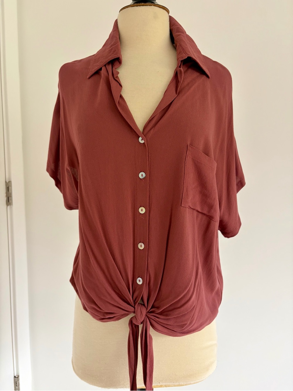 Ava Sky Button-Front Tie Blouse - Rust